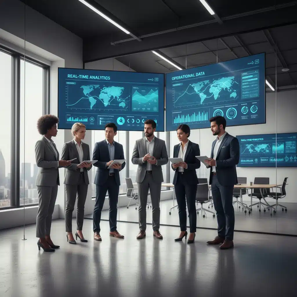 Business team analyzing real-time data on screens, enabled by edge computing insights