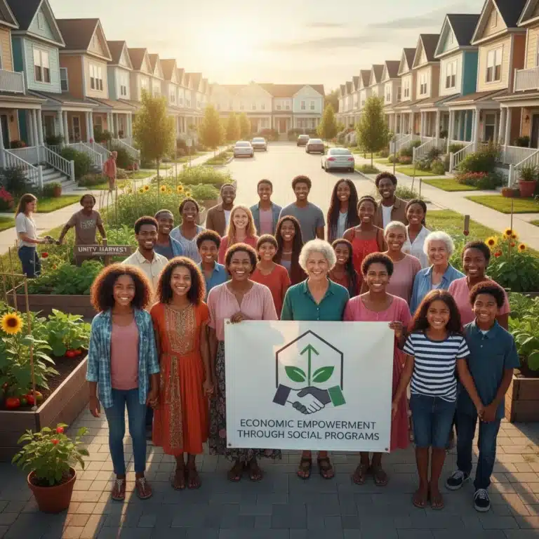 Diverse community benefiting from social programs, showing hope and financial stability