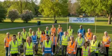 Diverse volunteers cleaning up a park, symbolizing increased community engagement.