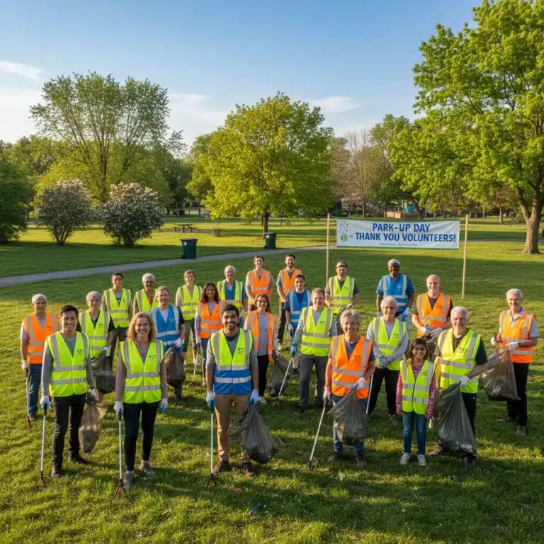 Diverse volunteers cleaning up a park, symbolizing increased community engagement.