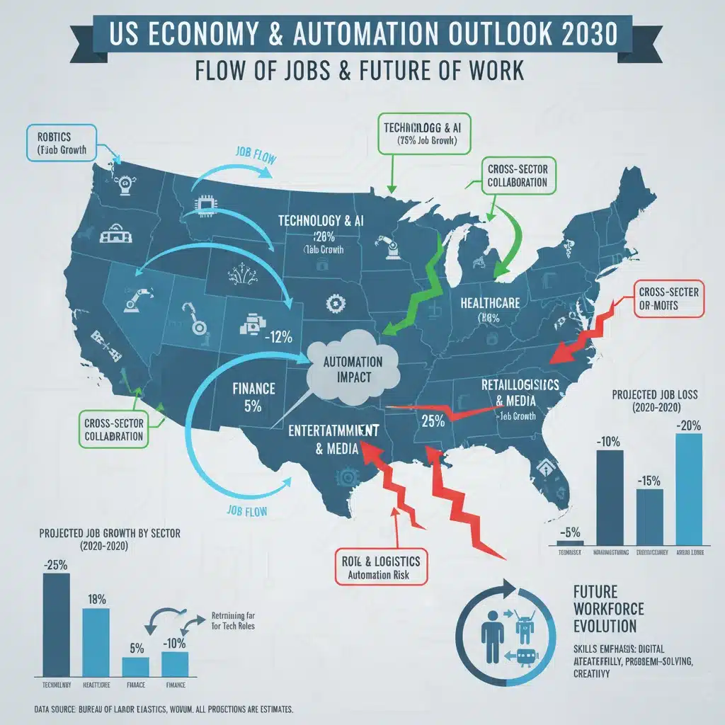 Infographic showing the projected impact of automation on different US economic sectors and jobs by 2030.