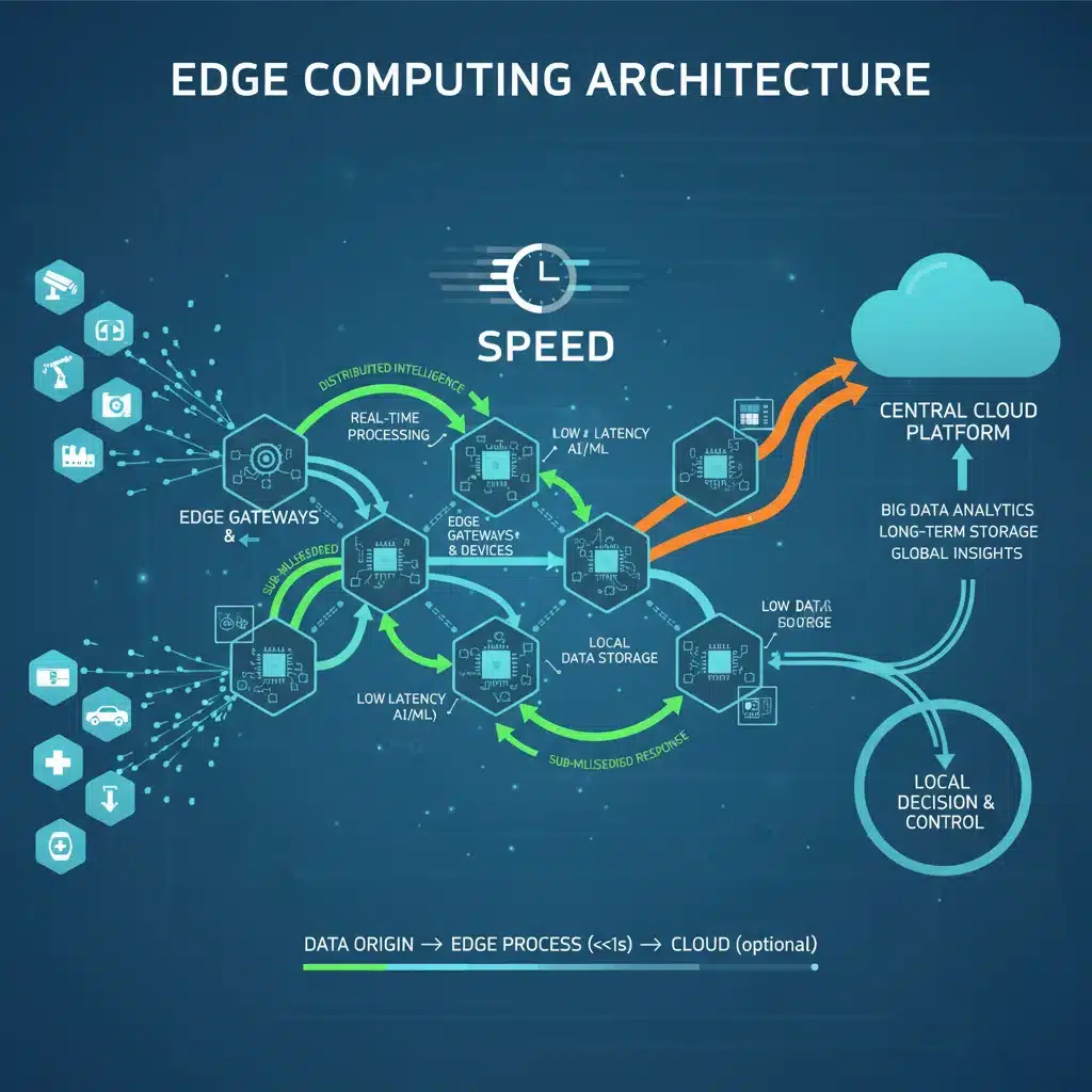 Infographic depicting the distributed architecture of an edge computing system