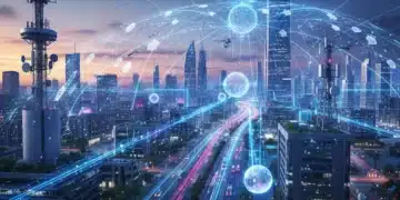 Futuristic city with interconnected devices showcasing rapid data flow in edge computing