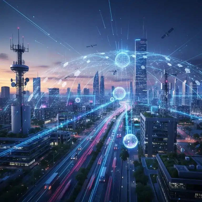 Futuristic city with interconnected devices showcasing rapid data flow in edge computing