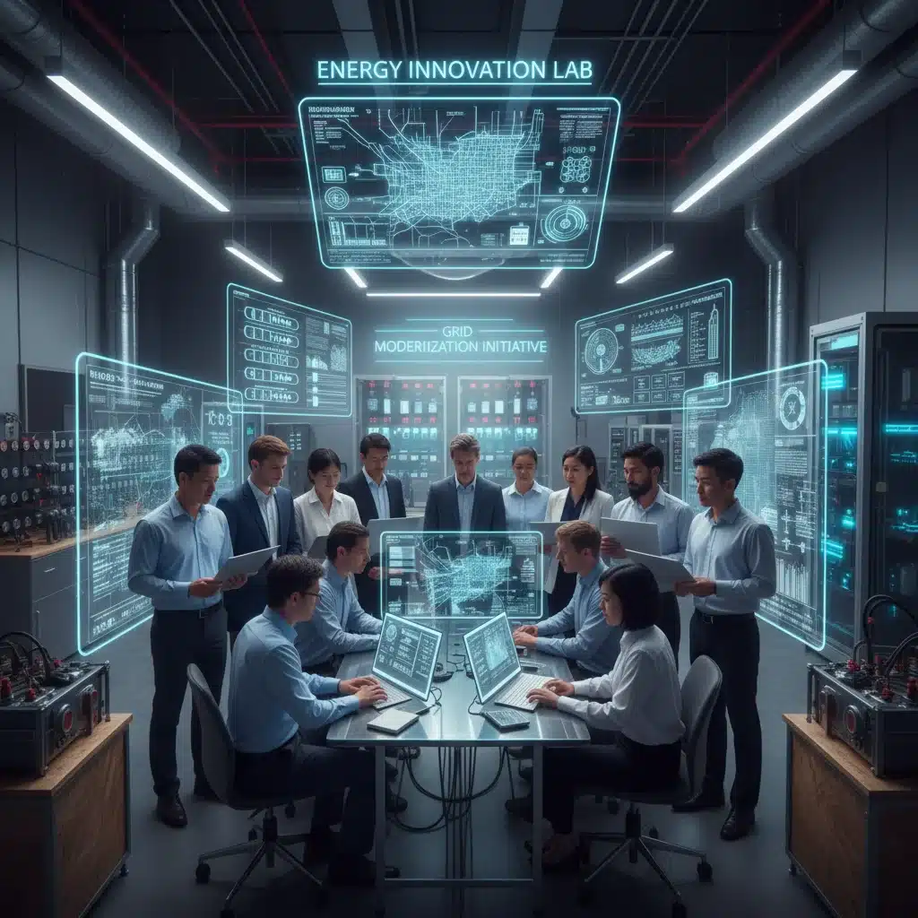 Engineers collaborating on grid modernization and battery storage solutions