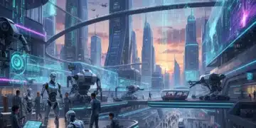 Robots and humans collaborating in a futuristic office environment, representing automation's impact on jobs.