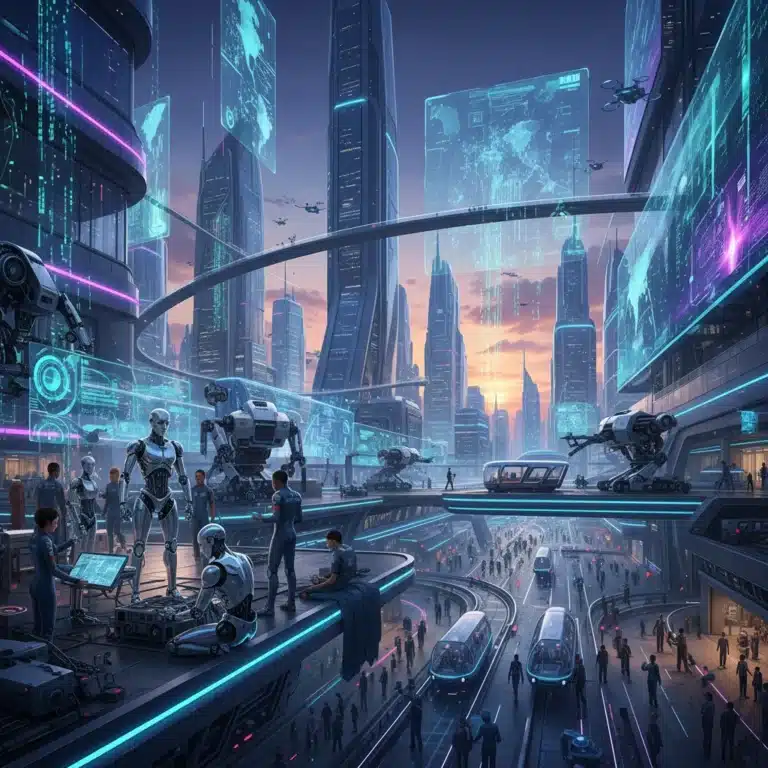 Robots and humans collaborating in a futuristic office environment, representing automation's impact on jobs.