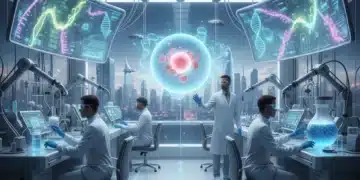 Scientists analyzing genetic data in a futuristic biotechnology lab
