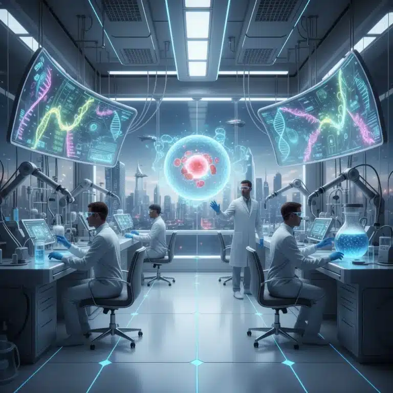 Scientists analyzing genetic data in a futuristic biotechnology lab