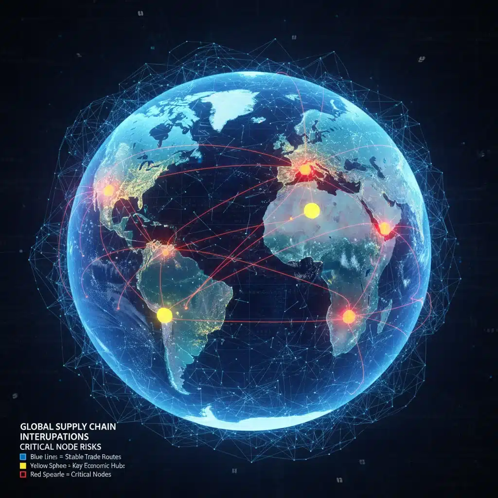 Digital visualization of global supply chains, emphasizing interconnectedness and potential disruption due to geopolitical events.