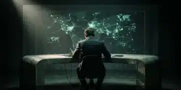An individual's silhouette against a wall displaying an intricate, glowing green projection of global data trends and interconnected patterns, illustrating deep analysis of current affairs.