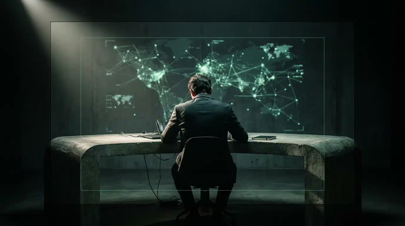 An individual's silhouette against a wall displaying an intricate, glowing green projection of global data trends and interconnected patterns, illustrating deep analysis of current affairs.