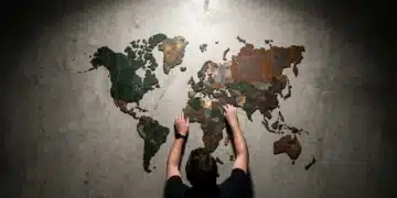 Overhead view of hands arranging weathered metal and concrete tiles into a fragmented world map, symbolizing shifting geopolitical power dynamics and emerging multipolar global alliances.