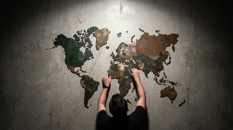 Overhead view of hands arranging weathered metal and concrete tiles into a fragmented world map, symbolizing shifting geopolitical power dynamics and emerging multipolar global alliances.