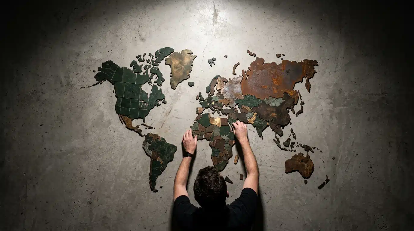 Overhead view of hands arranging weathered metal and concrete tiles into a fragmented world map, symbolizing shifting geopolitical power dynamics and emerging multipolar global alliances.