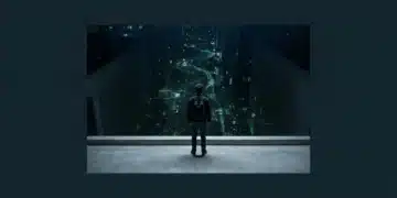 A person observes a glowing, interconnected network of green and blue lines in a dark chasm, representing the convergence of global forces, from a minimalist concrete balcony.