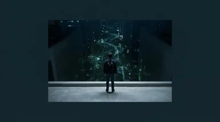 A person observes a glowing, interconnected network of green and blue lines in a dark chasm, representing the convergence of global forces, from a minimalist concrete balcony.