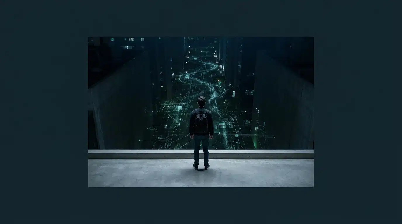A person observes a glowing, interconnected network of green and blue lines in a dark chasm, representing the convergence of global forces, from a minimalist concrete balcony.