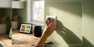A person's hands adjusting a smart thermostat in a sunlit kitchen, illustrating the seamless integration of technology into daily home routines.