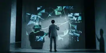 Navigating Tomorrow: Expert Insights on Current Affairs, Future Forward, and Tech's Social Impact A person stands before a concrete wall displaying interconnected global news headlines and tech data projections, illustrating the overwhelming pace of change and interdependence.