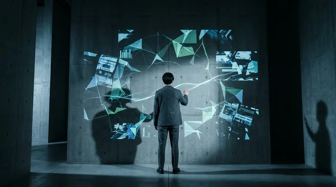 A person stands before a concrete wall displaying interconnected global news headlines and tech data projections, illustrating the overwhelming pace of change and interdependence.