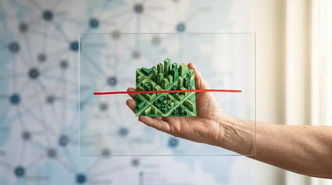A person's hand holds a miniature paper city, symbolizing complex systems, with a red linear graph drawn over it, representing oversimplified future predictions.