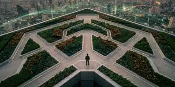 Deciphering Tomorrow: A Comparative Analysis of Predictive Frameworks for Tech, Society, and Global Events High aerial view of a person on a geometric rooftop garden overlooking a glowing cityscape, symbolizing future foresight and converging trends.