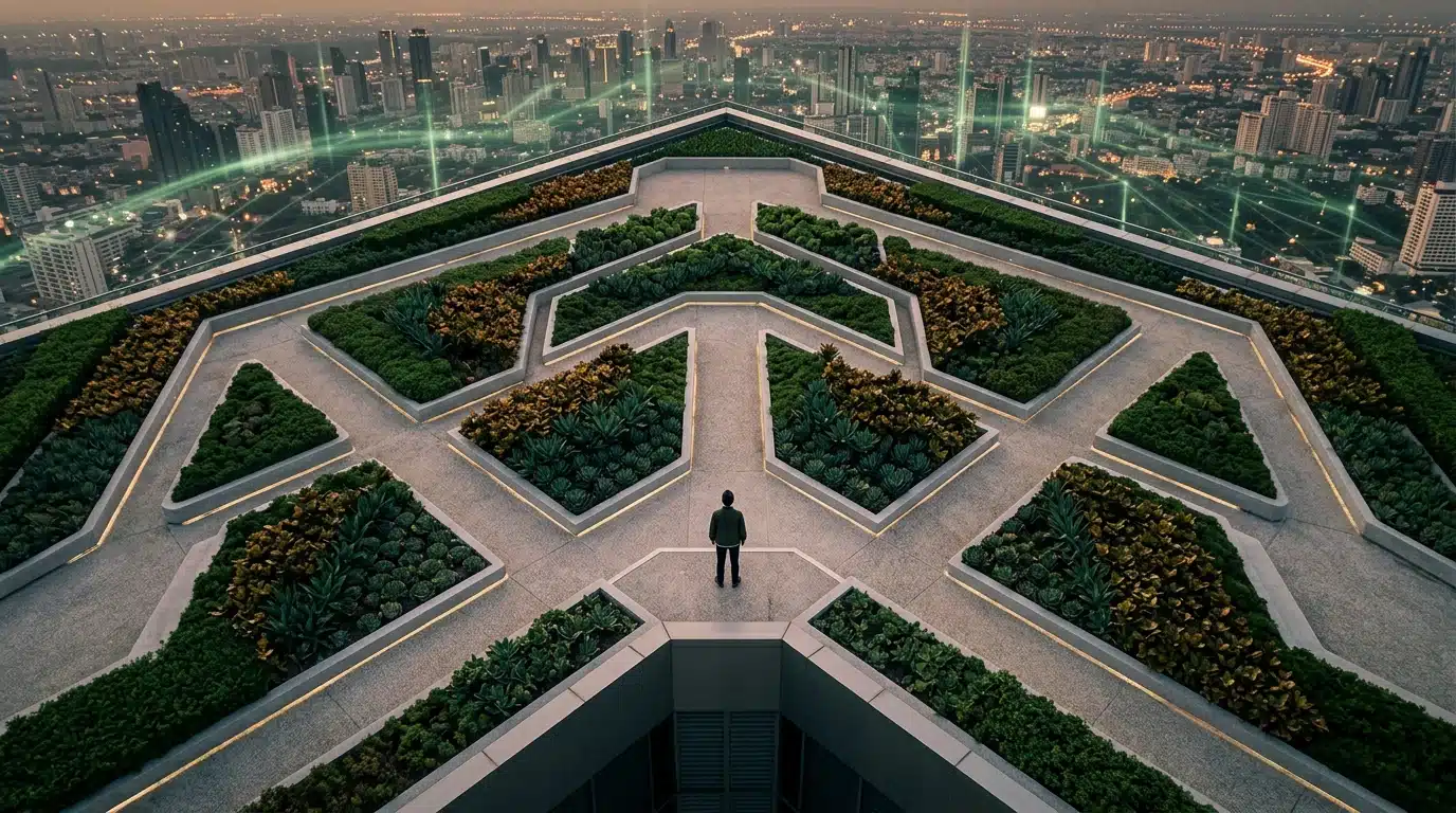 High aerial view of a person on a geometric rooftop garden overlooking a glowing cityscape, symbolizing future foresight and converging trends.