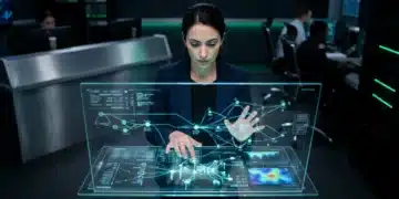 Unveiling Tomorrow: The Data-Driven Science Behind Predicting Tech Trends and Societal Shifts A person analyzes holographic data visualizations in a high-tech control room, focusing on predictive algorithms and interconnected tech trend nodes.