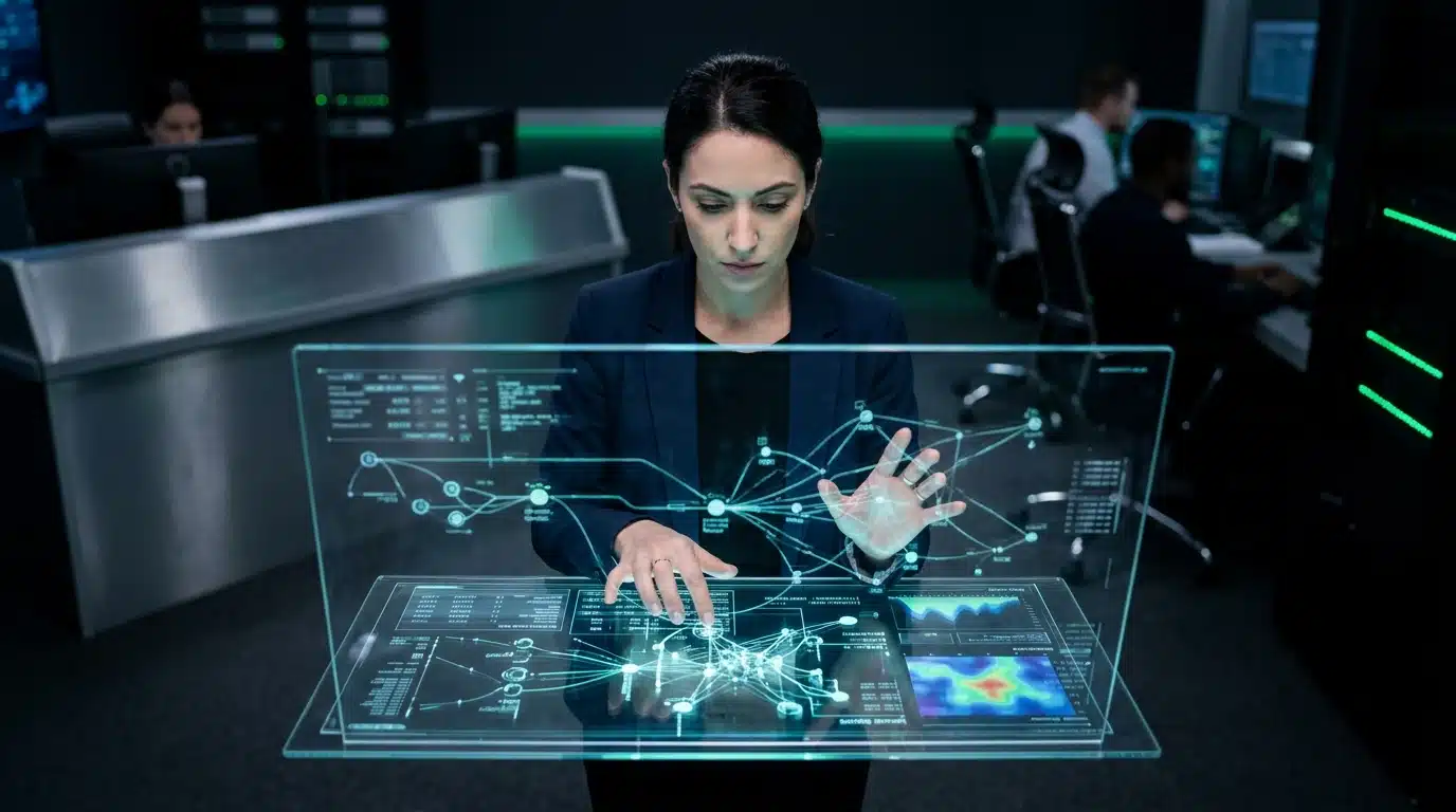 A person analyzes holographic data visualizations in a high-tech control room, focusing on predictive algorithms and interconnected tech trend nodes.
