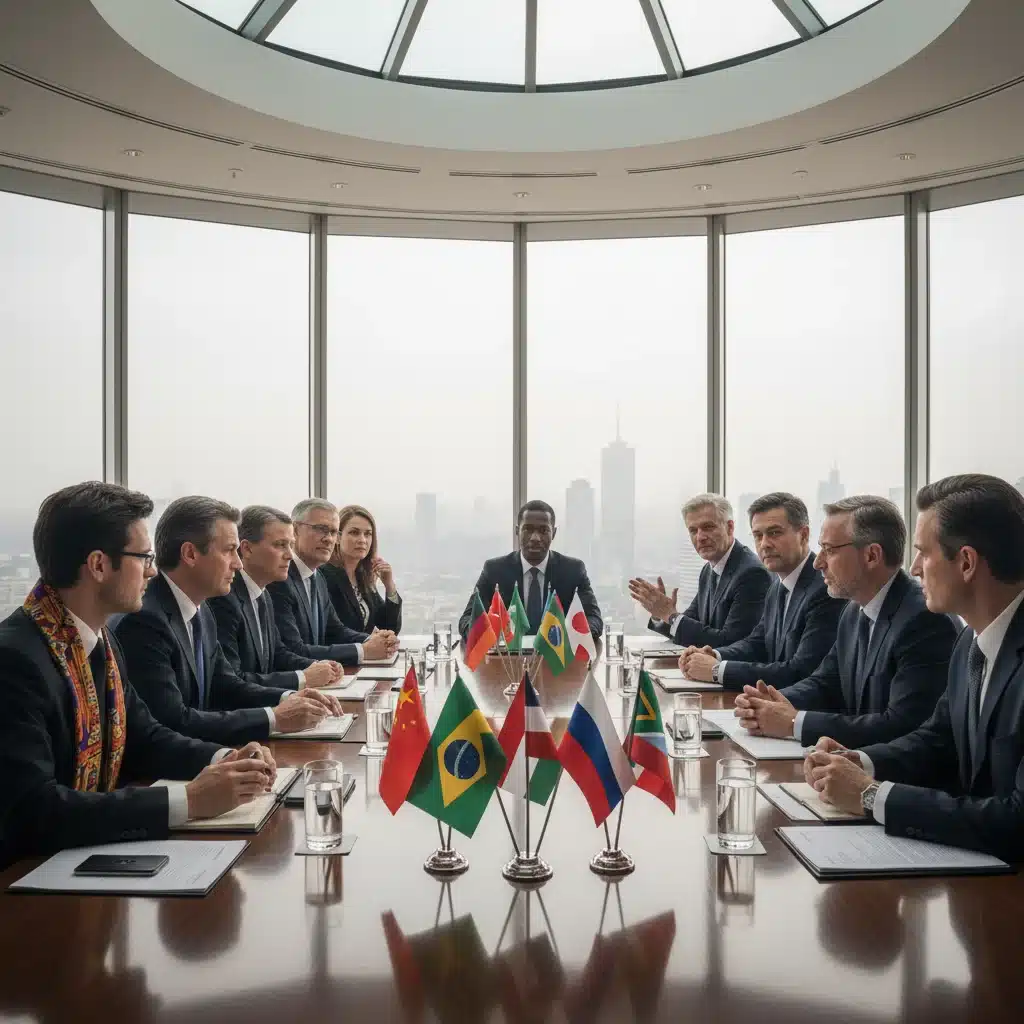 Diplomats from various countries engaged in high-level discussions, symbolizing international cooperation and negotiation.