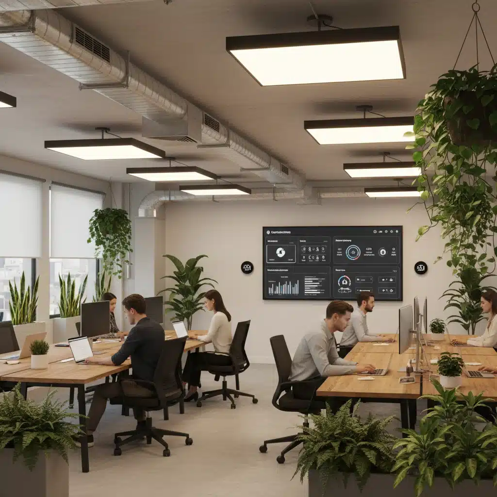 Smart office with energy-efficient systems and real-time data display.