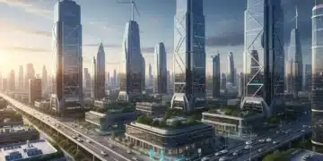 Futuristic city with sustainable energy infrastructure, symbolizing green technology and corporate savings.