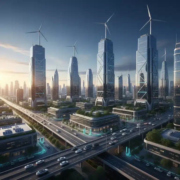 Futuristic city with sustainable energy infrastructure, symbolizing green technology and corporate savings.