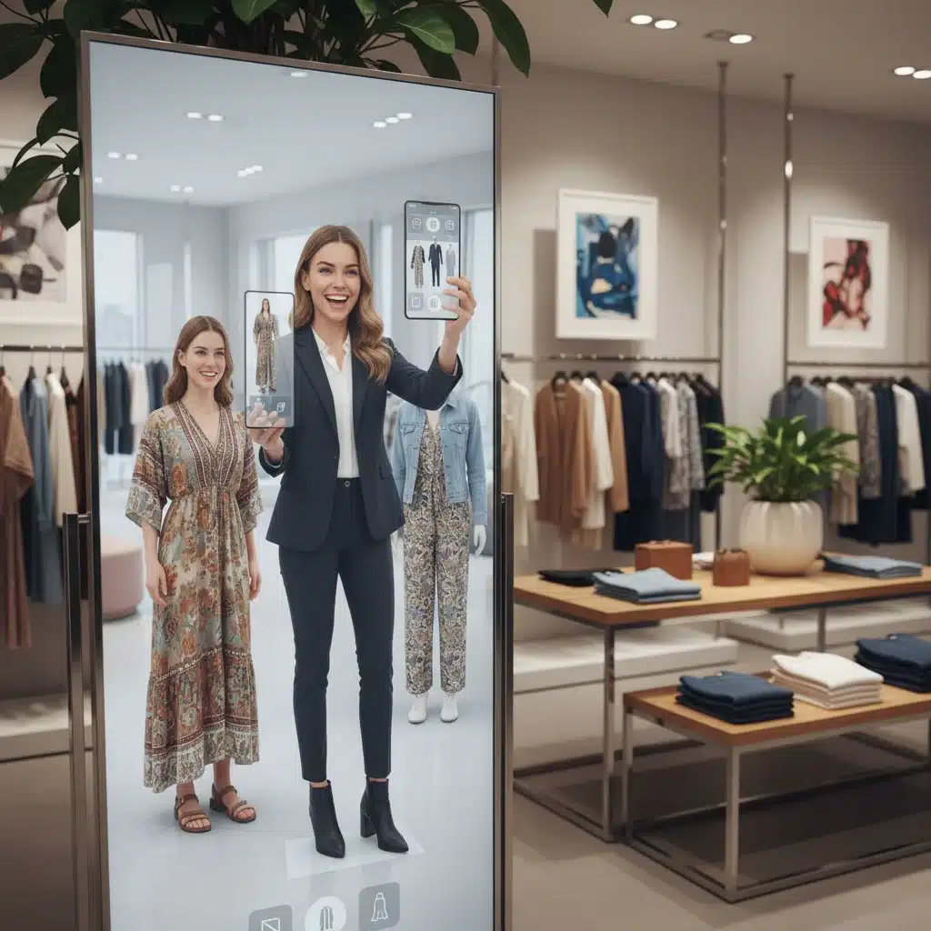Customer using virtual try-on augmented reality app in a clothing store to see outfits on their reflection.