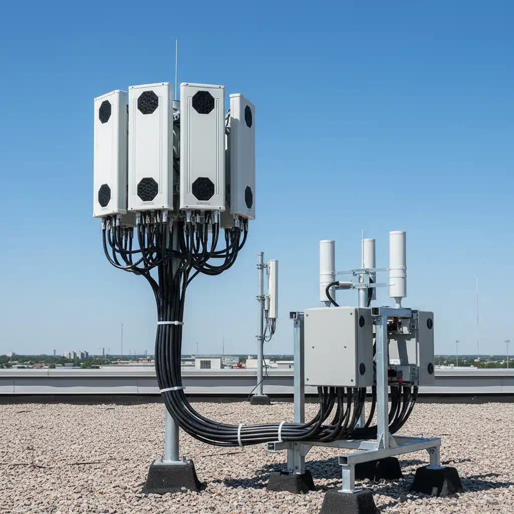 Close-up of a modern 5G antenna array on a building rooftop