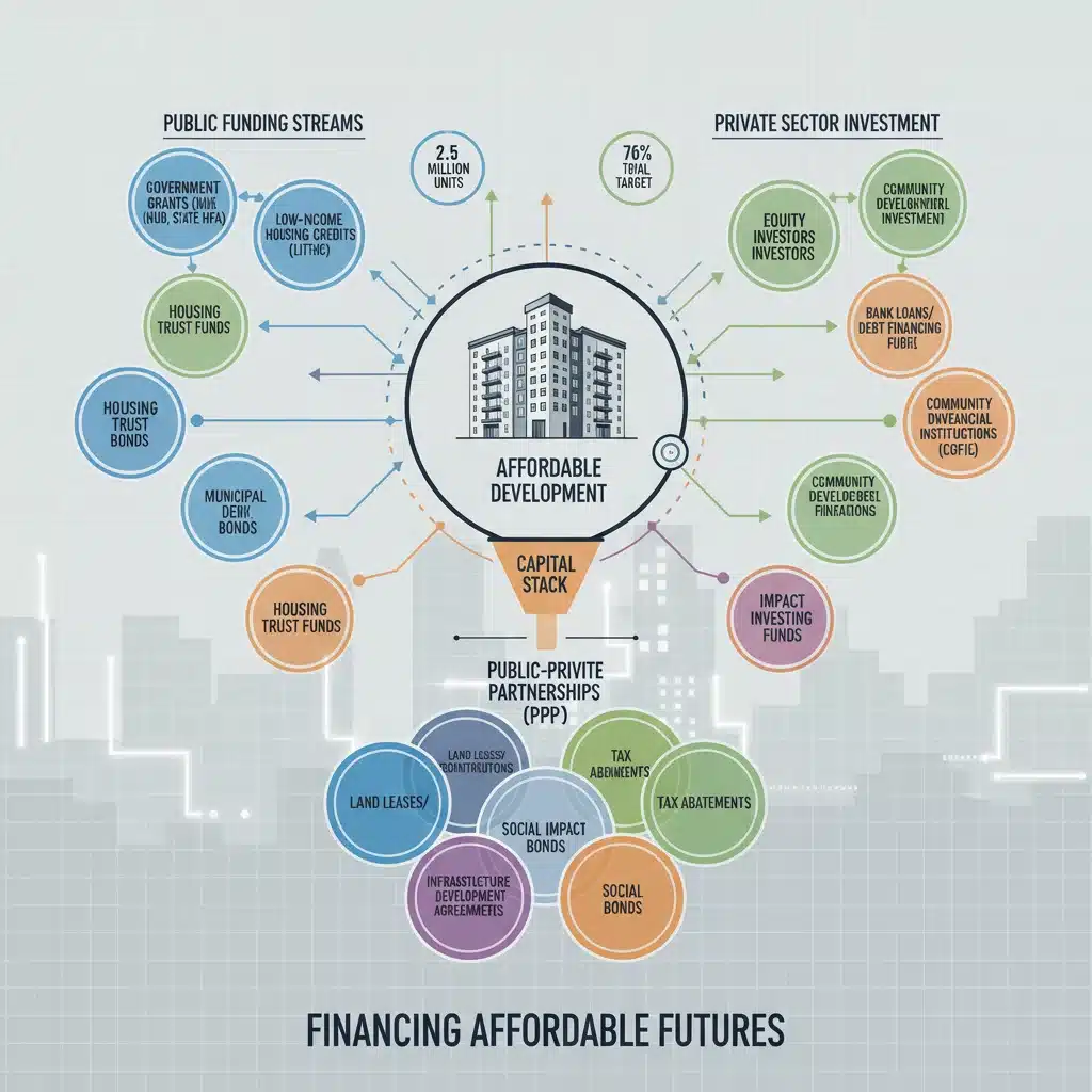 Infographic depicting complex financial models for affordable housing funding