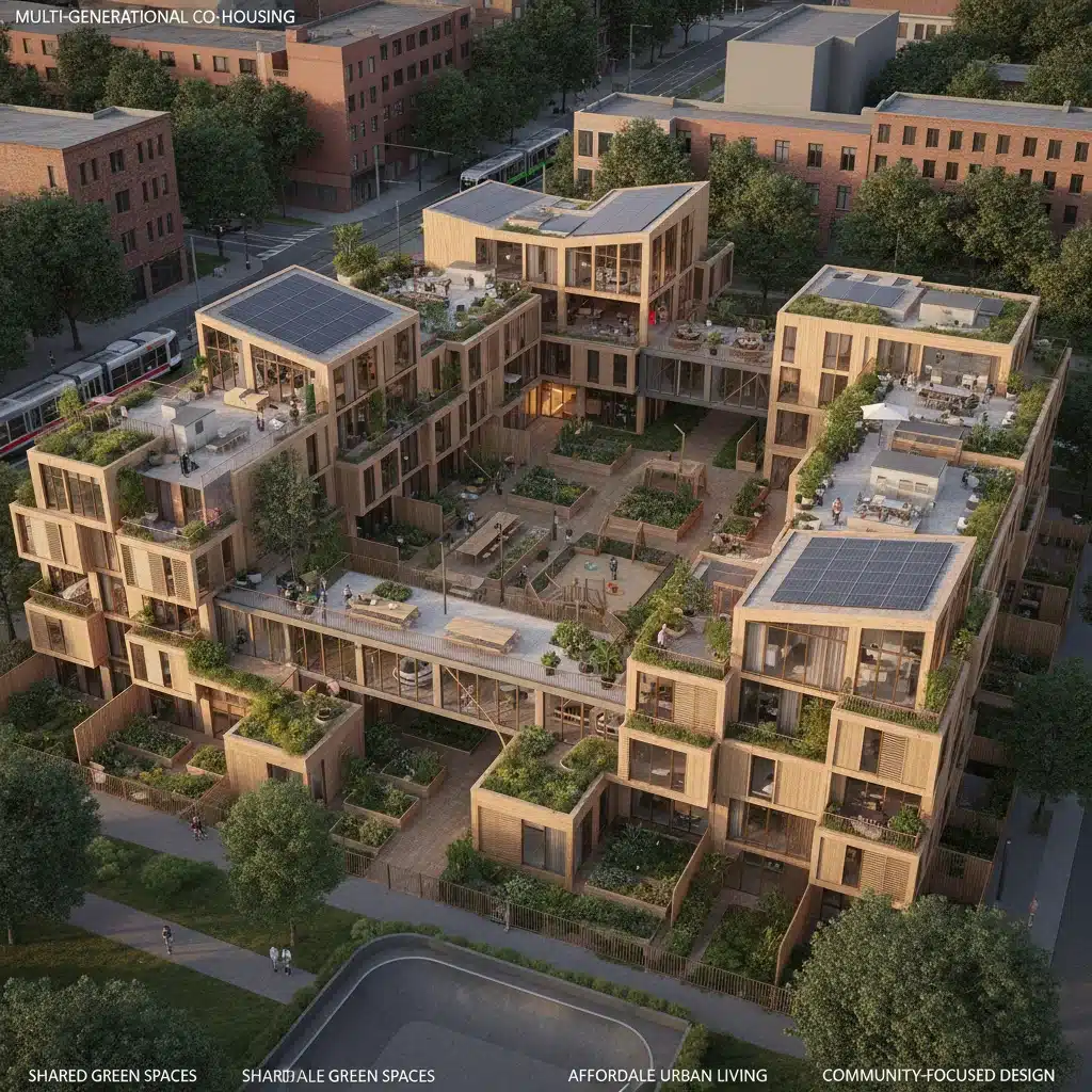 Architectural rendering of co-housing development with shared spaces