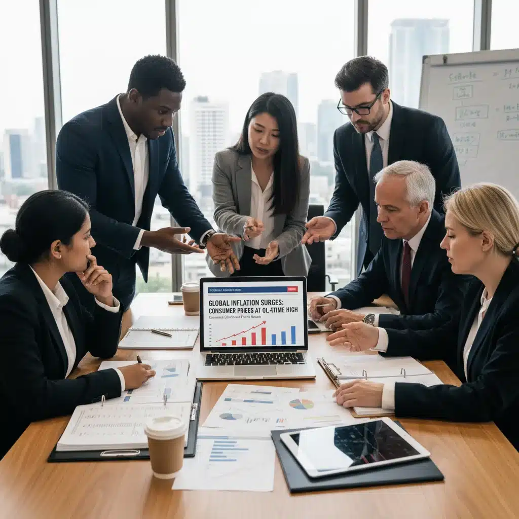 Group of people discussing economic data and financial planning in response to inflation.