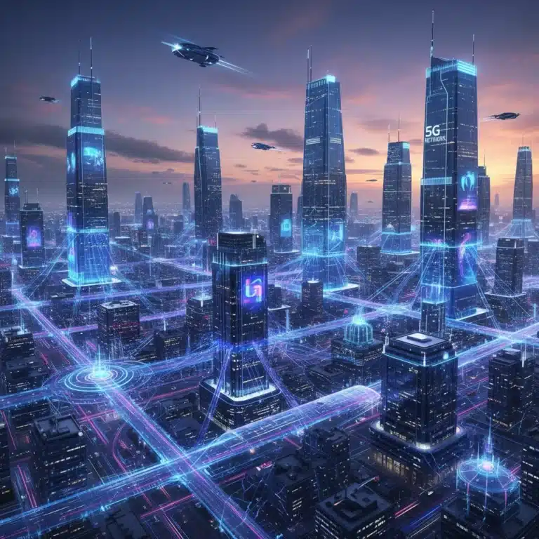 Futuristic city skyline with interconnected data streams representing 5G network evolution