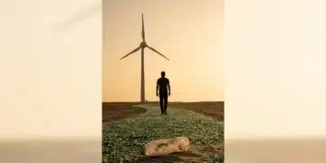 Catalysts of Change: Real-World Success Stories in Current Affairs, Tech, and Social Impact A person walks on a path made of recycled glass towards a minimalist wind turbine at golden hour, symbolizing global environmental progress and renewable energy adoption catalyzed by current affairs.