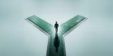 High-angle professional photo of a person merging two pathways, one representing innovation, the other global affairs, on a concrete platform, reflecting the rapid pace of change.