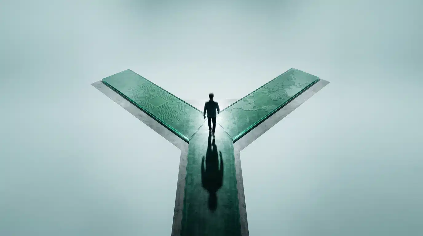 High-angle professional photo of a person merging two pathways, one representing innovation, the other global affairs, on a concrete platform, reflecting the rapid pace of change.