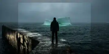 A person stands on a concrete pier, looking at a dark, turbulent ocean where a massive, glowing green iceberg is subtly visible beneath the surface, symbolizing hidden systemic shifts.