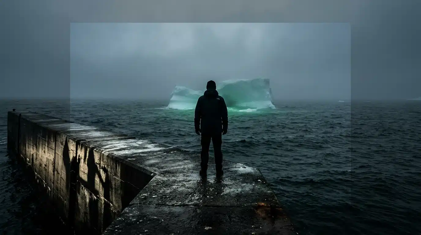 A person stands on a concrete pier, looking at a dark, turbulent ocean where a massive, glowing green iceberg is subtly visible beneath the surface, symbolizing hidden systemic shifts.