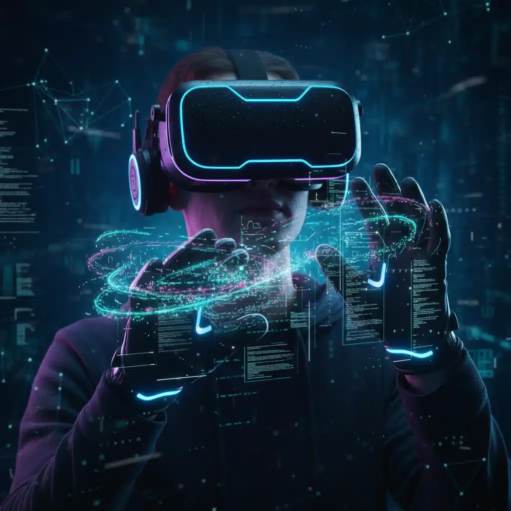 User experiencing immersive virtual reality with an advanced VR headset, interacting with digital content.
