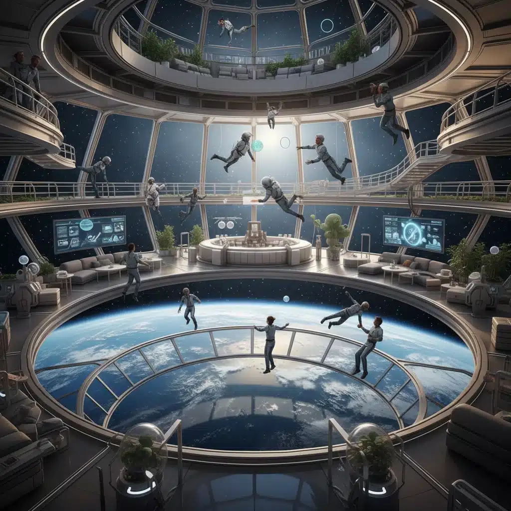 Luxury space hotel orbiting Earth with tourists enjoying the view.