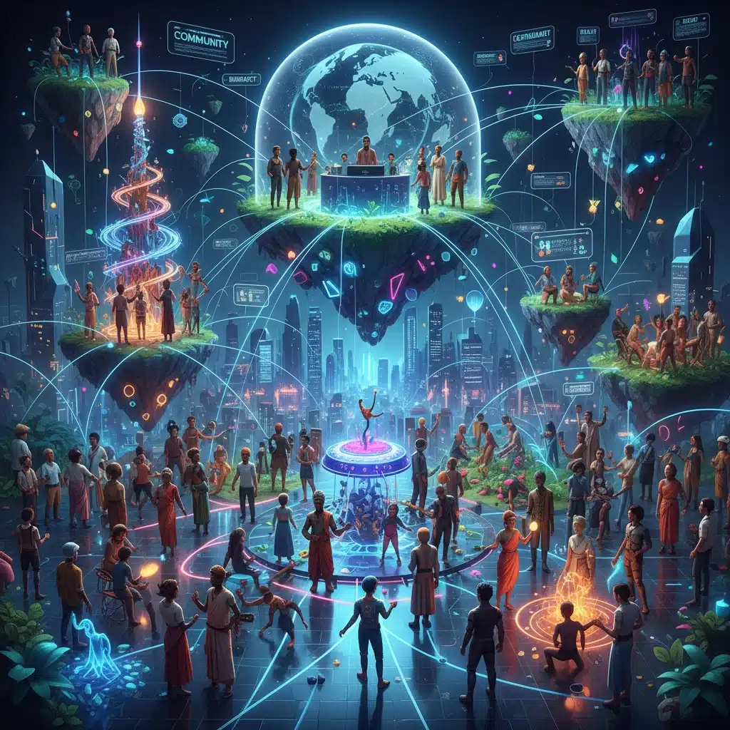 Diverse digital avatars interacting in a vibrant, interconnected metaverse environment, highlighting community and shared experiences.