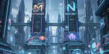Futuristic digital city with holographic elements representing the metaverse, showcasing innovation by leading US tech companies.