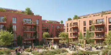 Modern sustainable affordable housing community with diverse residents